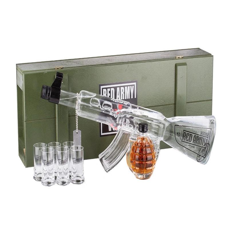 Army AK-47 Vodka 40% Vol. 1l in wooden box with herbal liqueur grenade 0.2l and 6 shot glasses